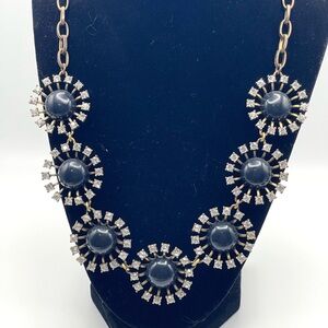 Vintage J Crew Gold Tone Atomic Starburst Necklace Navy Cabochons Crystals